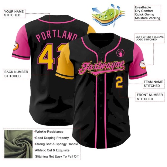 Custom Black Gold-Pink Authentic Two Tone Baseball Jersey
