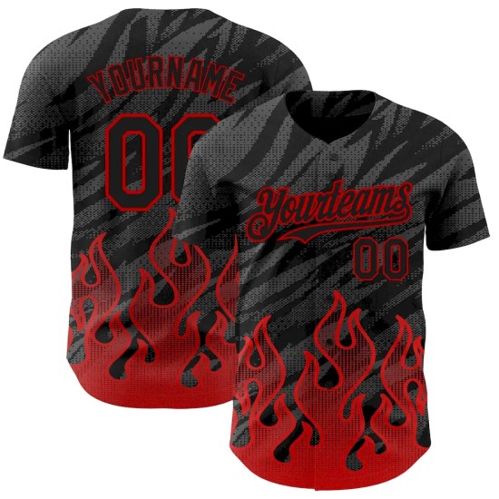 Custom Black Red 3D Pattern Design Flame Authentic Baseball Jersey