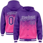 Custom Purple Pink-White Gradient Square Shape 3D Pattern Design Bomber Full-Snap Varsity Letterman Hoodie Jacket Custom Purple Pink-White Gradient Square Shape 3D Pattern Design Bomber Full-Snap Varsity Letterman Hoodie Jacket