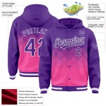 Custom Purple Pink-White Gradient Square Shape 3D Pattern Design Bomber Full-Snap Varsity Letterman Hoodie Jacket Custom Purple Pink-White Gradient Square Shape 3D Pattern Design Bomber Full-Snap Varsity Letterman Hoodie Jacket