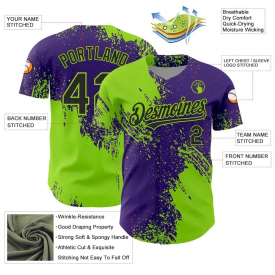 Custom Neon Green Black-Purple 3D Pattern Design Abstract Brush Stroke Authentic Baseball Jersey Custom Neon Green Black-Purple 3D Pattern Design Abstract Brush Stroke Authentic Baseball Jersey
