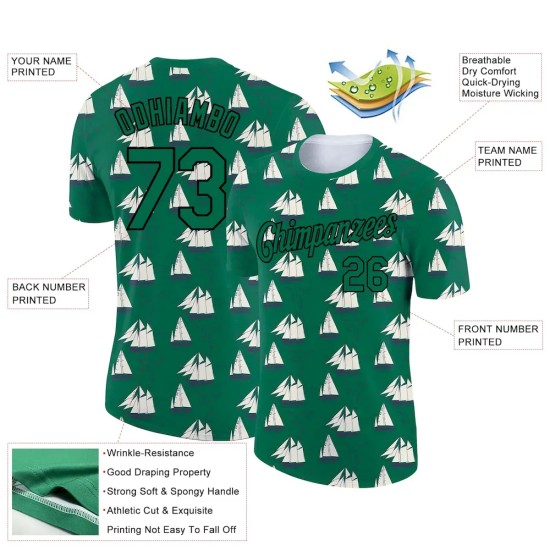 Custom Kelly Green Black 3D Pattern Design Sailing Ship Columbus Day Performance T-Shirt Custom Kelly Green Black 3D Pattern Design Sailing Ship Columbus Day Performance T-Shirt