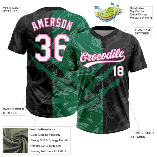 Custom Graffiti Pattern Black Kelly Green-Pink 3D Two-Button Unisex Softball Jersey Custom Graffiti Pattern Black Kelly Green-Pink 3D Two-Button Unisex Softball Jersey