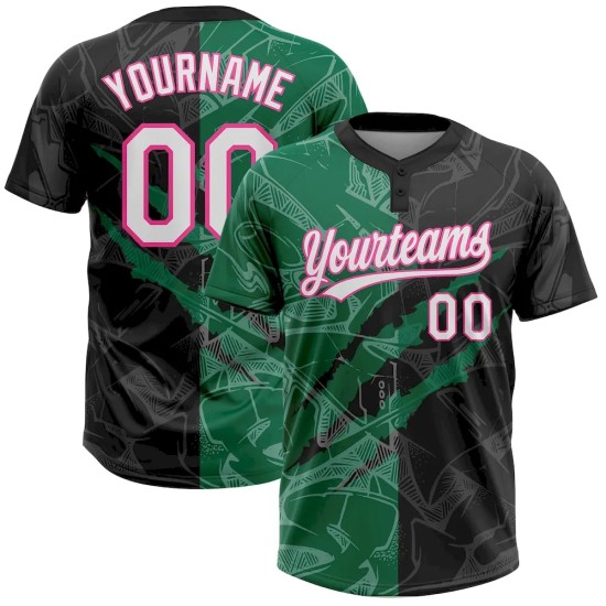 Custom Graffiti Pattern Black Kelly Green-Pink 3D Two-Button Unisex Softball Jersey Custom Graffiti Pattern Black Kelly Green-Pink 3D Two-Button Unisex Softball Jersey