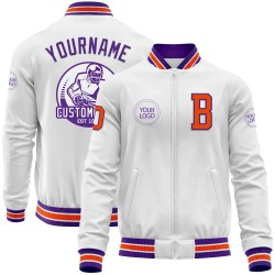Custom White Orange-Purple Bomber Varsity Letterman Zipper Jacket