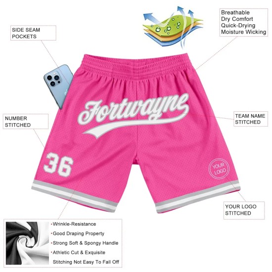 Custom Pink White-Gray Authentic Throwback Basketball Shorts Custom Pink White-Gray Authentic Throwback Basketball Shorts