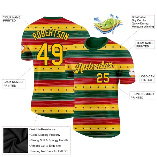 Custom Green Yellow-Black 3D Pattern Design Black History Month Performance T-Shirt Custom Green Yellow-Black 3D Pattern Design Black History Month Performance T-Shirt