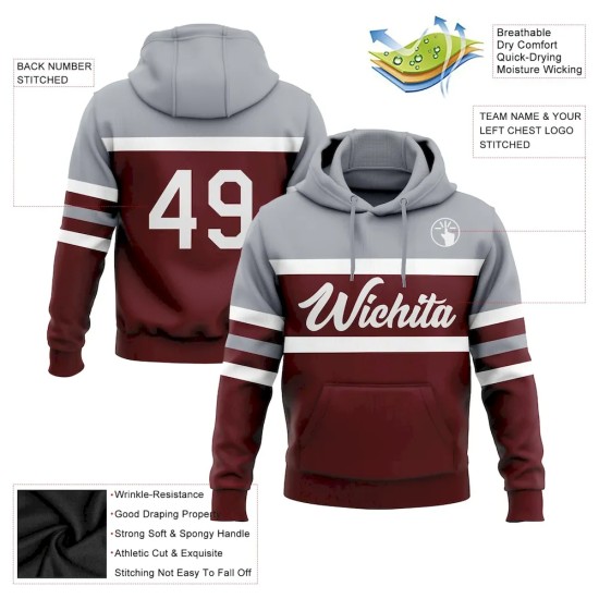 Custom Stitched Burgundy White-Gray Line Sports Pullover Sweatshirt Hoodie