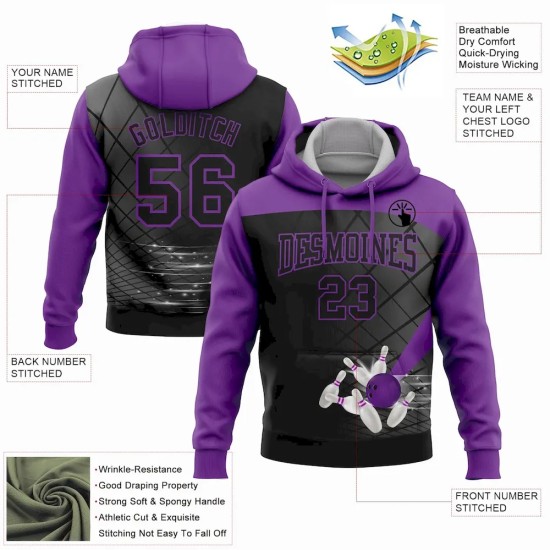Custom Stitched Black Purple 3D Bowling Sports Pullover Sweatshirt Hoodie Custom Stitched Black Purple 3D Bowling Sports Pullover Sweatshirt Hoodie