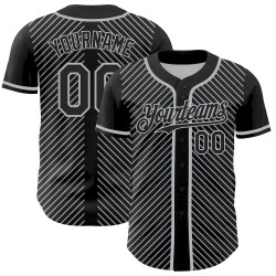 Custom Black Gray 3D Pattern Design Diagonal Stripes Authentic Baseball Jersey