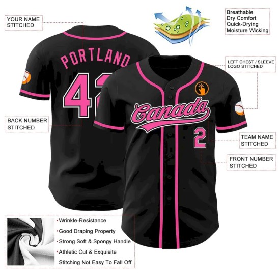 Custom Black Pink-White Authentic Baseball Jersey